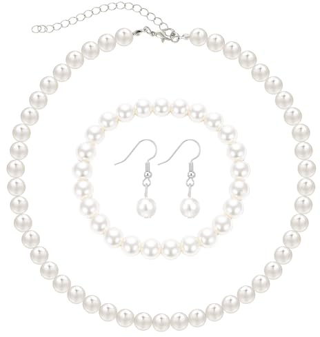 DOPENSPI 3-teiliges Perlen-Set,Damen Perlenkette Ohrringe Armband | 1920er-Jahre-Perlenschmuck-Set Wasserfeste Perlenkette Weiße Perlen Halsketten für Männer und Frauen