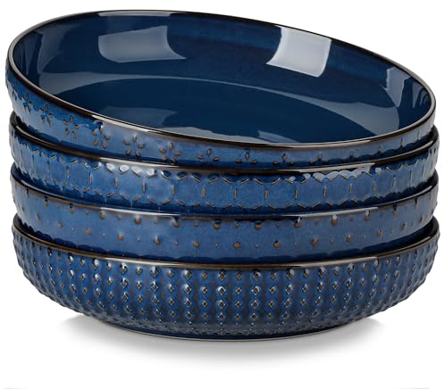 MALACASA Platos Hondos Grandes, Juego de 4 Cuencos Ceramica, 1570 ml Pasta Bowl, Apto para Microondas - Serie LYDIA, Azul