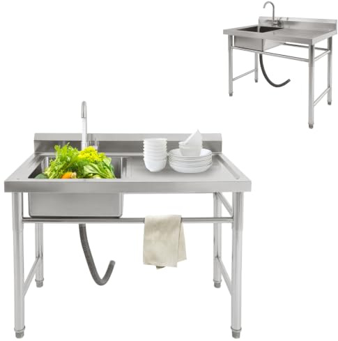 Lavabo da cucina in acciaio inox, 100 x 60 x 93 cm, 201, portata 200 kg, autoportante a sinistra, con miscelatore a 360°, piano di lavoro per lavanderia, gastro negozio, ristorante