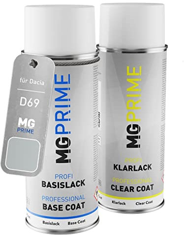 MG PRIME Autolack Sprühdosen Set für Dacia D69 Gris Platine Metallic/Platin-Grau Metallic Basislack Klarlack Spraydose 400ml