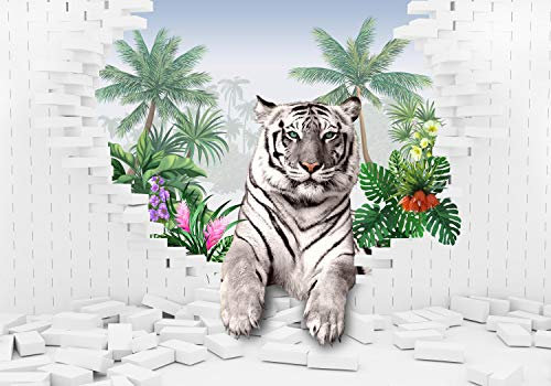 wandmotiv24 Fototapete Dschungel Tiger Pflanzen, XL 350 x 245 cm - 7 Teile, Wanddeko, Wandbild, Wandtapete, Ziegel, Blumen, Palmen M1289
