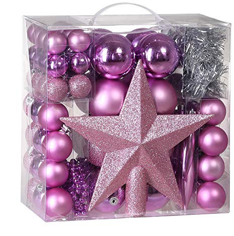 Deuba® Weihnachtskugeln 77tlg Ø 3-7cm Kunststoff matt glänzend Christbaumkugeln Christbaumschmuck Anhänger Weihnachtsbaumkugeln Weihnachtsdeko Rosa