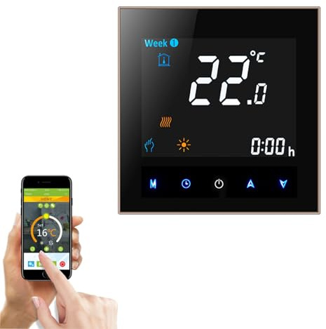 Qiumi 5A Termostato WiFi Contacto seco Caldera Agua Gas calefacción Alexa | Termostato contacto seco 5A para calderas agua gas, panel negro regulable 95-245VAC, compatible Alexa & Google Home