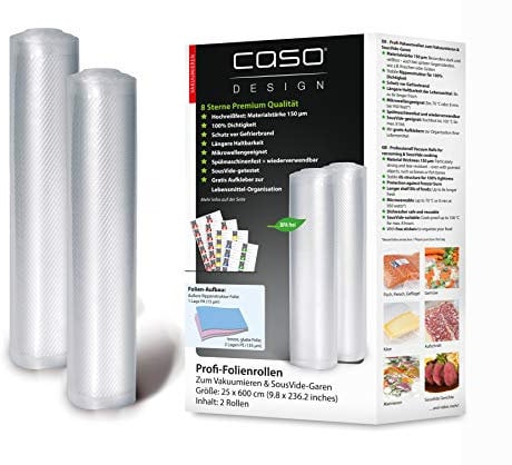 CASO 8 Sterne Profi- Folienrollen 25x600 cm / 2 Rollen, Vakuumierbeutel für alle Vakuumierer, sehr stark & reißfest ca. 150µm, Vakuumbeutel Lebensmittel Vakuumiergerät, Sous Vide, BPA-frei