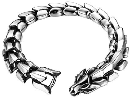 Flongo Edelstahl Leder Echtleder Armband Armreifen Manschette Silber Schwarz Doppel Doppelseitig Drachen Geflochten Motorradfahrer Biker Herren