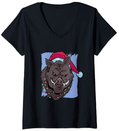 Damen Keiler mit Weihnachtsmann Mütze Xmas für Jäger T-Shirt mit V-Ausschnitt