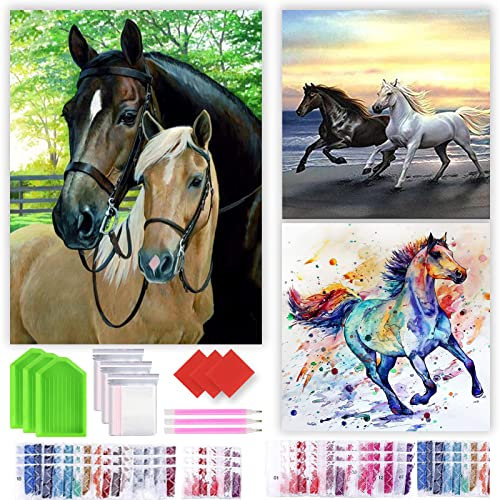YAOYIN Diamond Painting Erwachsene, 3Pcs Diamond Painting Kinder, Diamond Painting Pferd, 5D Diamant Painting Bilder mit Diamond Painting Zubehör, Diamond Painting Set für Geschenk Home Wall Décor