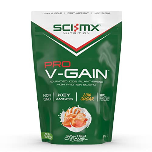 SCI-MX Pro-V Gain - 100% Vegan Protein Powder - Soy, Pea + Rice - Salted Caramel Flavour - B12 + Magnesium - Muscle Growth - Sugar Free, Non-GMO - 900g (20 servings) 37g of protein per serving