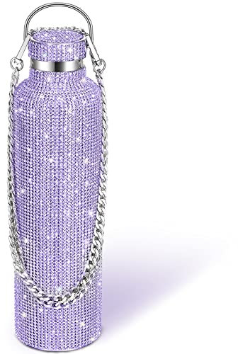 Diamond Water Bottle Bling Rhinestone Stainless Steel Thermal Bottle Refillable Water Bottle Insulated Water Bottle Glitter Water Bottle with Chain for Women Girls Gifts (Purple, 1000 ml)