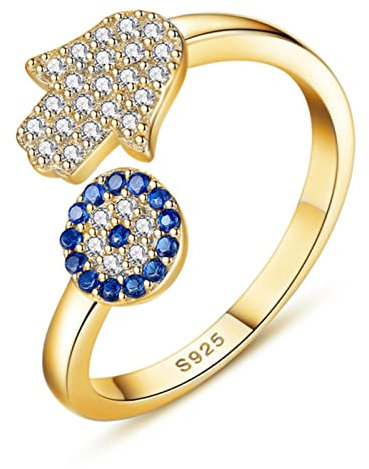 DAOMEI 925 Sterling Silber Böses Auge Blaues Auge Und Hamsa Hand Fatima Einstellbare Weibliche Ringe Offene Größe Ring Hochzeitsschmuck