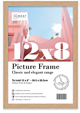Almost Frameless 12x8 Oak Picture Frame 12x8(30.5x20.3cm) Poster, Photo, Artwork, or Print. Thin Edge Slim Frame Portrait and Landscape Display with Wall Hooks