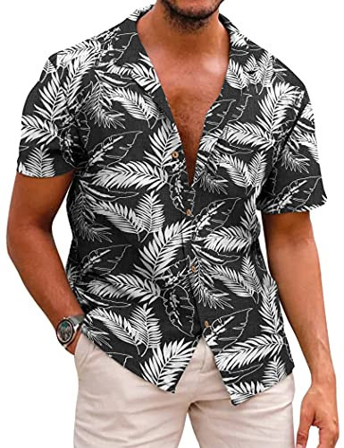 COOFANDY Herren Hawaiihemd Kurzarm Sommerhemd Button Down Hemden Männer Urlaub Strand Hemd Schwarz XL