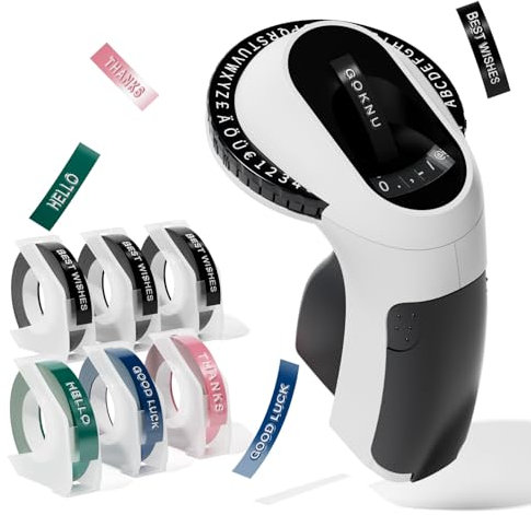 Goknu Etichettatrice a Rilievo, 3D Etichettatrice Etichette Adesive Nero, Stampante Portatile E975, Macchina da Scrivere Omega con 6 Nastro design ergonomico con rotella a scatto per uso domestico
