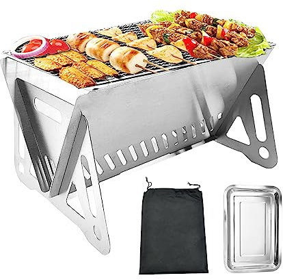 TINMIX Mini griglia portatile a carbonella in acciaio inox, piccola griglia pieghevole da tavolo, per bar da giardino, campeggio all'aperto