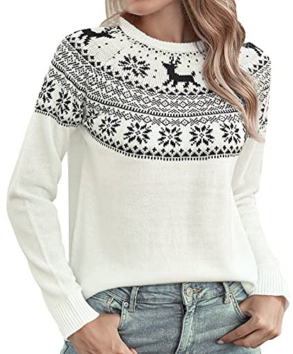 Weihnachtsfrauen-Schneeflocken-Kitz-Muster-Rundhalsausschnitt-Farbblock-gestreifter Pullover-Langarm-lockerer Strick-Pullover-Pullover-Tops Teufel Hörner