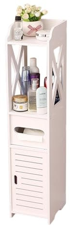 IGTOPS Badezimmerschrank Schmal Hochschank Stehender Badschrank, Badezimmer Sideboard, Standregal Schrank Regal, Toilettenschrank mit Klopapierständer 80x18x15cm Weiß