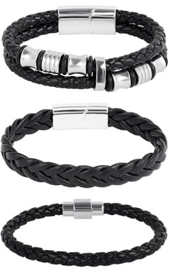 MILAKOO Silber Verschluss PU Armbänder für Männer Wrap Mehrschichtige Geflochtene Leder Manschette Armreif Armband