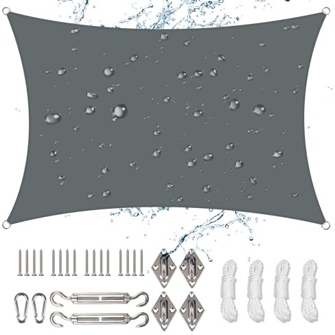 NAKIHOUSE Sun Shade Sail 2m x 3m Rectangle Waterproof Sunscreen Awning Canopy with Fixing Kit 95% UV Block Sun Shades for Outdoors, Garden, Patio, Yard, Party (Grey)