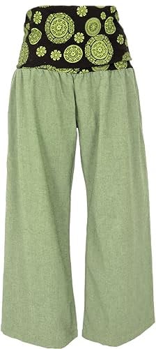 GURU SHOP Weite Marlenehose, Wellnesshose, Yogahose, Boho Hose mit Breitem Bund - Grün/Lemon, Damen, Baumwolle, Size:M
