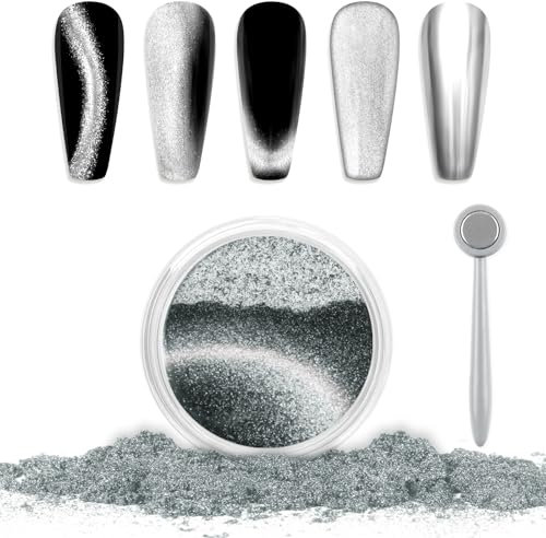 Laza Cat Eye Chrome Nail Powder Chameleon Magnetic Powder 9D Cat Eye Effect Mirror Effect Pigment Dust Magic Galaxy Holographic Effect Glitter with Magnetic Stick for Velvet Nail Art - Silver Velvet