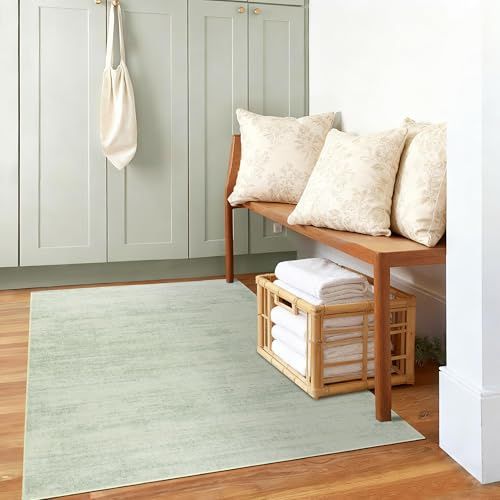 Light Green Rugs for Bedroom Small Low Pile Boho Washable Area Rug 3x5 | Sage Ombre Carpet, Abstract Modern Aesthetic, with Non Slip Rubber Backed, for Kitchen Entryway Dorm Bathroom, 3 by 5