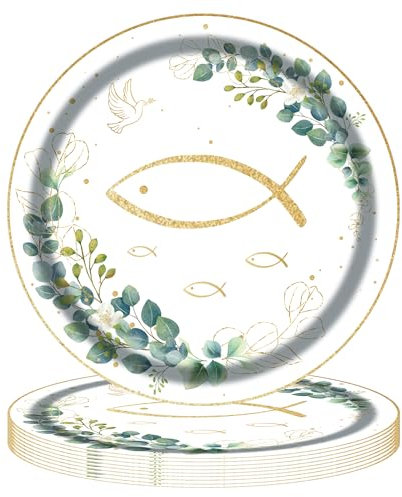 TOPWAYS Pappteller Kommunion Konfirmation Tischdeko, 18cm Fisch Pappteller Klein Einwegteller Eukalyptus Partygeschirr Tischdeko für Taufe Konfirmation Kommunion Deko Junge Mädchen 24 stück