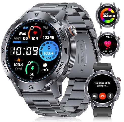 Smartwatch Herren Militärische mit Telefonfunktion,1.43'' AMOLED Touchscreen,460mah Sportuhr 120+ Sportmodi Aktivitätstracker mit Herzfrequenz/SpO2/Schlafmonitor/Schrittzähler,5ATM Wasserdicht Schwarz