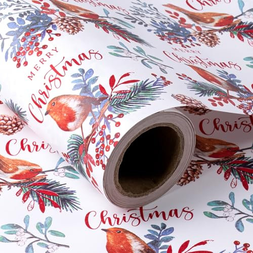 WRAPAHOLIC Geschenkpapier aus Kraftpapier, 76,2 cm x 30 m, Jumbo-Rolle, Vogel, Weihnachtskiefer und Stechpalme mit Aufschrift Merry Christmas