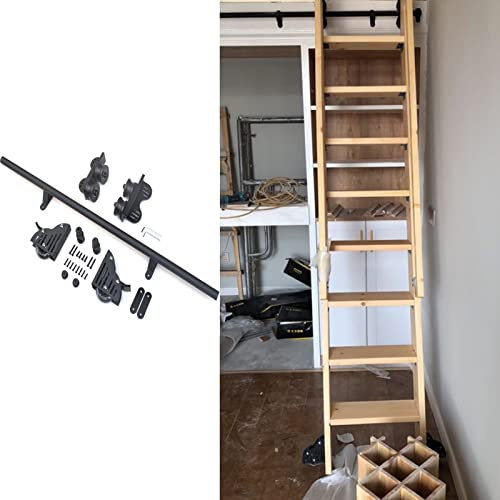 3,3 bis 20 Fuß schwarzer Stahl-Rollleiter-Hardware für Bibliotheken, Heimbüro-Bibliothek, Gleitschienen-Kit im Scheunenstil (ohne Leiter), aufstellbare, spannbare Roll-Hardware, Bodenrad mit Bremse