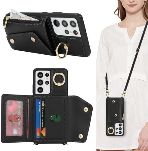 Lipvina Hülle für Samsung Galaxy S21 Ultra Hülle mit Band Kartenhalter handyhülle Hülle für Samsung Galaxy S21 Ultra mit Reißverschluss Band Ring Ständer Case für Frauen - Schwarz