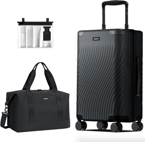 ECOHUB Leicht Handgepäck Koffer Trolley, 20'' Recyceln PC Hartschalenkoffer, 55x40x23cm Erweiterbar Reisekoffer mit 4 Rollen & TSA Schloss, 2 Teilig Rollkoffer mit 30L Handgepäck Tashe(Schwarz)