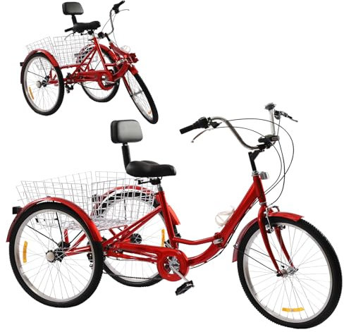 OUKANING Dreirad für Erwachsene 24Zoll 7 Gang - Faltbar 3 Rad Fahrrad bis 120kg Belastbar Höhenverstellbar Dreirad mit Einkaufskorb Trike Bike Radfahren und Senioren (Rot)