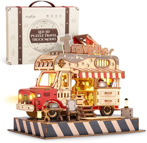 FUNPOLA 3D Holzpuzzle Reise Truck Modell - DIY Miniatur Abenteuer LKW-Bausatz mit LED-Leuchten - kreatives Geschenk für Kinder und Erwachsene (Reiseauto)