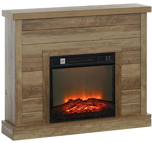HOMCOM Camino Elettrico con Effetto Fiamma 3D, 97cm 1800W Caminetto Elettrico con Spegnimento Automatico, Risacaldamento Regolabile, Timer e Telecomando per Soggiorno, 30㎡, Color Legno