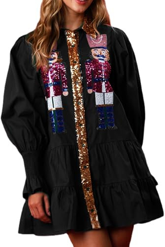 YILEEGOO Womens Christmas Sequin Nutcracker Dress Long Sleeve Tiered Glitter Button Down Puff Sleeve Holiday Mini Shirt Dresses (Black, L)