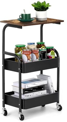 Cenz-888 Scaffale da Cucina Carrello da Cucina a 3 Livelli, Carrello portaoggetti da 16,54 Pollici con Ruote, Piano in Legno Tavolo ad Isola per Cucina