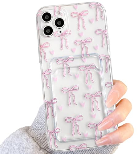 NITITOP Compatible with iPhone 11 Pro Max Case Clear with Card Holder Cute Bowknot Ribbon Heart Pattern for Women Girls Bow Soft TPU Shock-absorbing Wallet Case Protective Cover - Pink