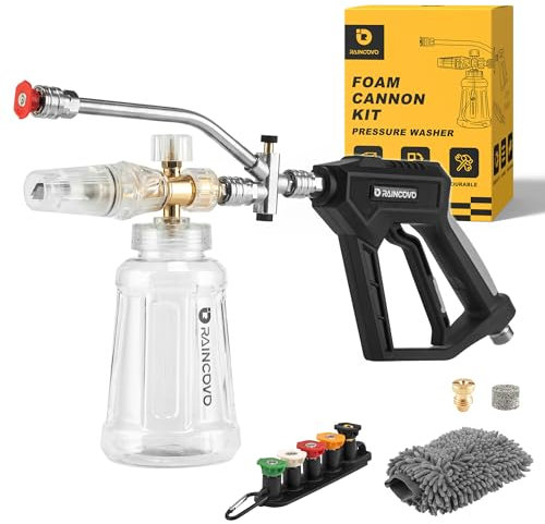 Raincovo Foam Cannon with Short Pressure Washer Gun, Dual Connector Accessories, Snow Soap Attachment for Car Wash, 5 Nozzles Tips with Holder, 1/4” Quick Connect, Additional 1.1 mm Orifice Nozzle