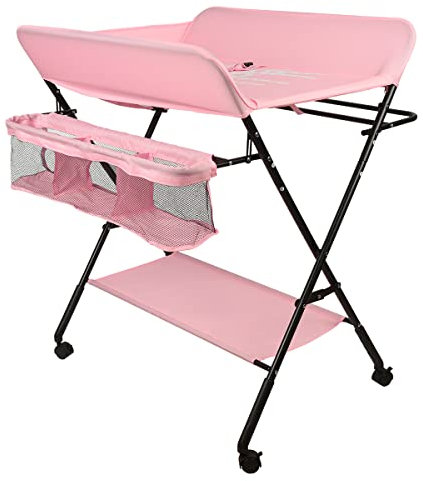 Baby Wickeltisch, Multifunktions-Wickelkommode, Babypflegetisch, Mobiler Wickeltisch mit Ablagefächern und Sicherheitsgurt (Rosa-80 * 66 * 98cm)