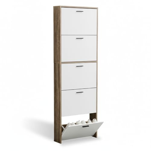 CATAVANA Schuhschrank Schmal Hoch - 5 Fächer für 15 Paar - Schuhregal Geschlossen - Platzsparend & Modern – Schuh Regal mit hoher Kapazität - Schuhe Schrank 60 x 17x 180 cm - Weißes Holz