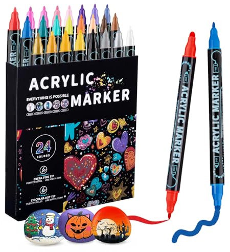Acrylic Paint Pens Painting Markers - 24 Colors Dual Tip Art Set Acrylic Paint Marker Pen Fine 1mm Round 1-5mm for Rocks Painting Wood Glass Stone Mug Ceramic Supplies for Christmas Easter DIY Craft
