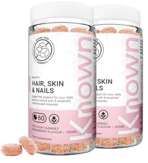 Known Tasty Sugar Free Hair, Skin & Nails Gummies – Multivitamin – Natural Strawberry Flavour – 60 Vegan Gummies, 2 Month Supply