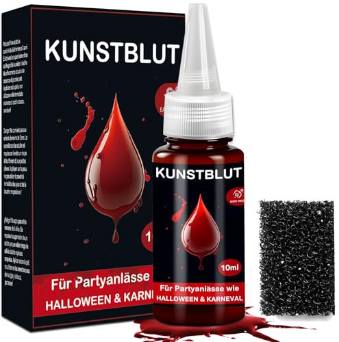 Sangre Falsa Halloween Fake Blood - 10ml Sangre Falsa Lavable Maquillaje Halloween y 1 Esponja, Sangre Falsa para Ropa, Zombi, Vampiro, Cosplay, Maquillaje de Teatro