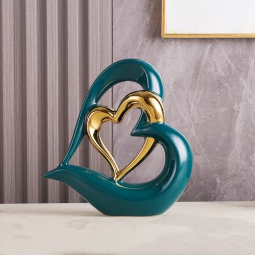 ODMYZG Double Heart Ornament,Double Heart Ceramic Statue,Home Decoration sculpture,Creative Home Modern Gift Office Living Room Decoration Collection Souvenir,Gift. (Green Gold D)