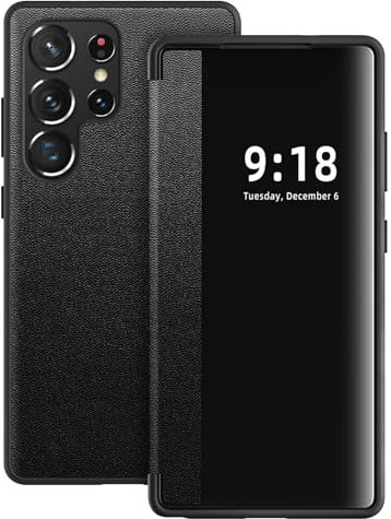 Hülle für Samsung Galaxy S23 Ultra Handyhülle S View S23 Ultra Flip Case Stoßfest Kratzfest Tasche Flip Schutzhülle für Samsung S23 Ultra, Durchscheinend View Silikon Bumper Handyhülle (Schwarz)