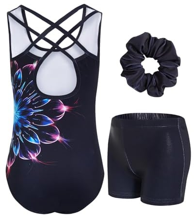 JiAmy Turnanzug Mädchen, Gymnastikanzug Mädchen Kinder Glitzer Gymnastik Turnanzug Leotard Mit Haarbändern und Shorts Set für 3-12 Jahre