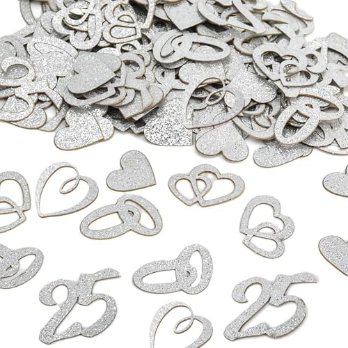 100 Pcs Silver Wedding Anniversary Confetti, 25th Wedding Anniversary Table Decoration, Glitter Paper Confetti for Table Decor, Party Supplies