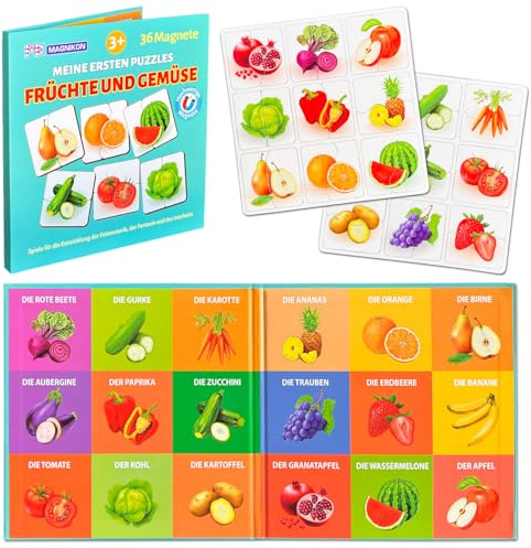 MAGNIKON Puzzle für Kinder Früchte und Gemüse, Magnetpuzzle ab 2 Jahre | 2 Teile, Magnetisches Puzzle, Kinderpuzzle, Lernspiel, Kinder Beschäftigung für Autofahrt, Spiele für Unterwegs, Baby Puzzle