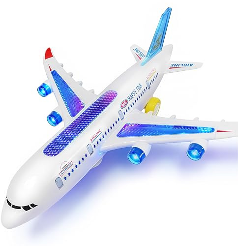 AtomDream Tech Flugzeug Spielzeug für Kinder ab 3 Jahren – Elektrisches Flugzeug mit Blinkenden LED-Lichtern & Sounds – Bump and Go Funktion – Lernspielzeug für Jungen Mädchen Geschenk (Weiß)