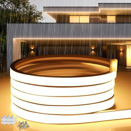 SUCIKORIO Neon LED Streifen 3m, Silikon Wasserdicht Feuerfest IP65 Led Strip Warmweiss 3000K 10mm Leds Lichterkette Außen 230V Flexibler DIY Lichtband Aussenbereich mit Netzteil für Haus Party Küche